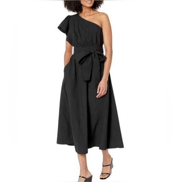 Madewell Ruffled One-Shoulder Midi Dress Black With Bow Size 0 - Picture 2 of 11
